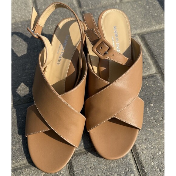 Marion Parke Maren Block Heel Napa Caramel White Stitching NIB $595 Size US 8.5 - Picture 7 of 11